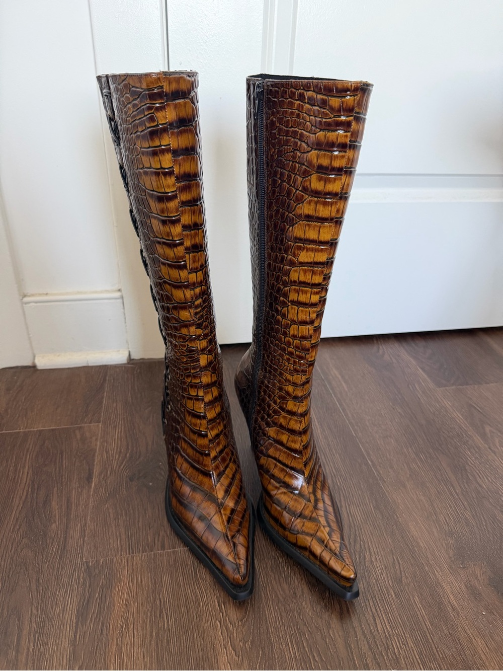 Jeffrey Campbell Tall Croc-Embossed Pointed Toe Boots in Brown